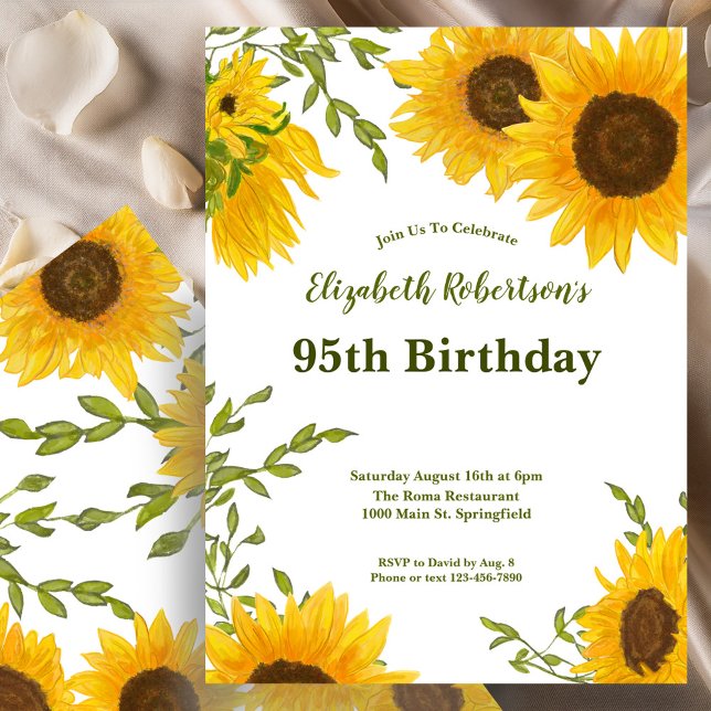 Watercolor Sunflowers Women's 95th Birthday  Einladung (Von Creator hochgeladen)
