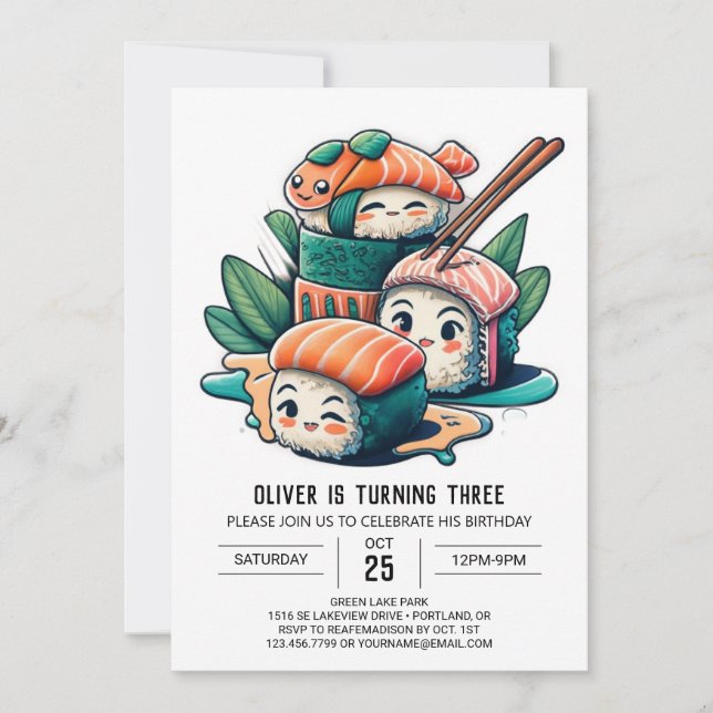 Watercolor Sushi Printable Birthday Einladung (Vorderseite)