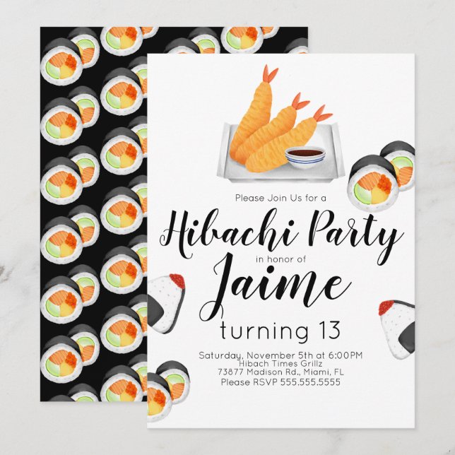 Watercolor Sushi Teen Birthday Hibachi Tempura Einladung (Vorne/Hinten)