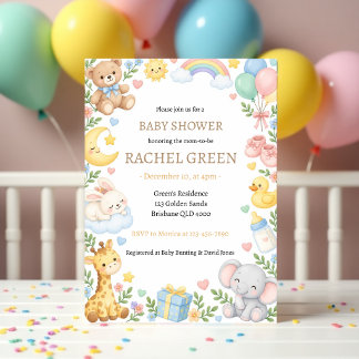Watercolor Süße Dschungeltiere Baby Shower Einladung