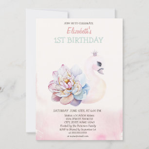 Watercolor Süßer Schwan Blumen Geburtstag Einladung