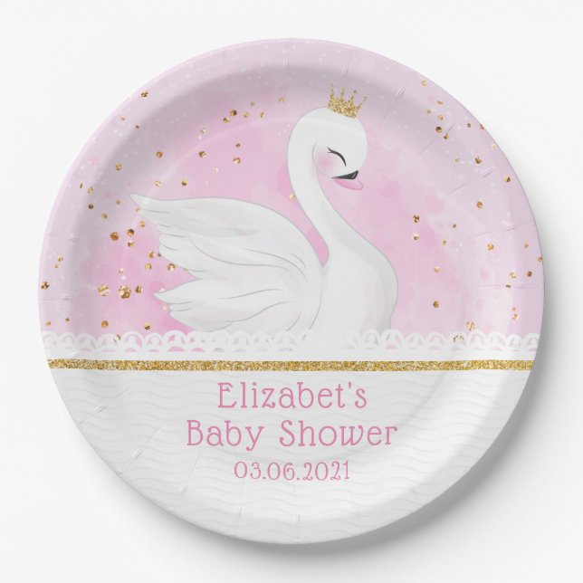 Watercolor Swan Princess Baby Dusche  Pappteller (Vorderseite)