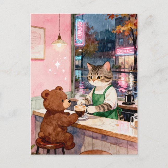 Watercolor Tabby Cat Barista Serving Bear Postkarte (Vorderseite)