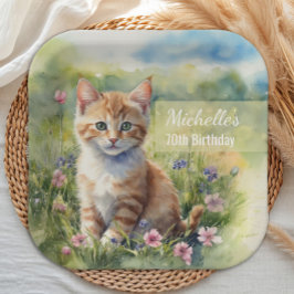 Watercolor Tabby Cat Pet Meadow 70th Birthday Pappteller