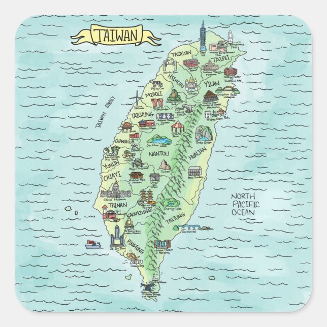 Watercolor Taiwan Map Square Sticker (Vorderseite)