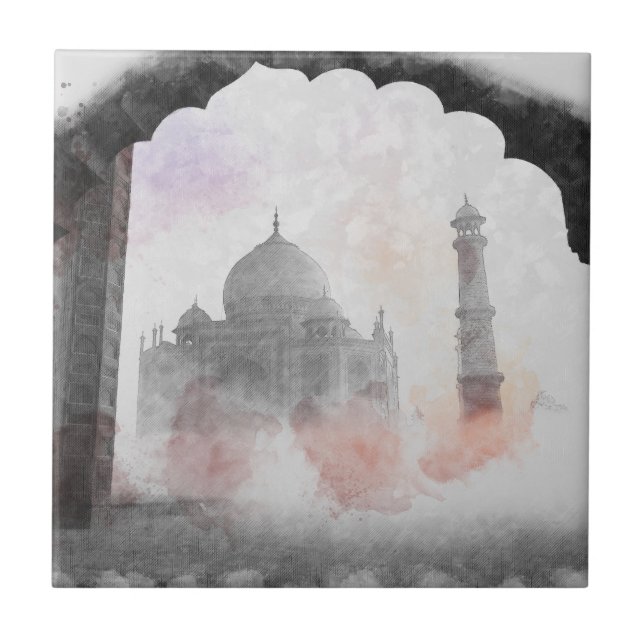 Watercolor Taj Mahal Vintage Keramik Tile Indien Fliese (Vorderseite)