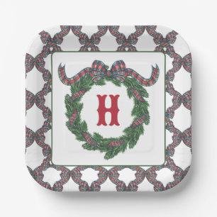 Watercolor-Tartan-Karo-Schleifen-Monogramm-Kranz Pappteller