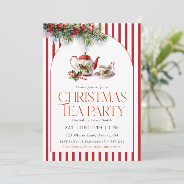 Watercolor Teapot Christmas Tea Party  Einladung (Stehend Vorderseite)