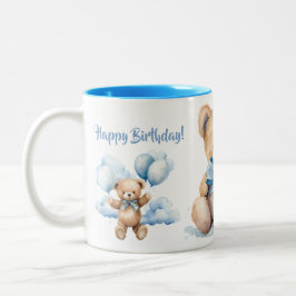Watercolor Teddy Bear and Clouds Happy Birthday Zweifarbige Tasse