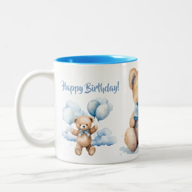 Watercolor Teddy Bear and Clouds Happy Birthday Zweifarbige Tasse (Links)