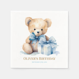 Watercolor Teddy Bear and Gift First Birthday Serviette