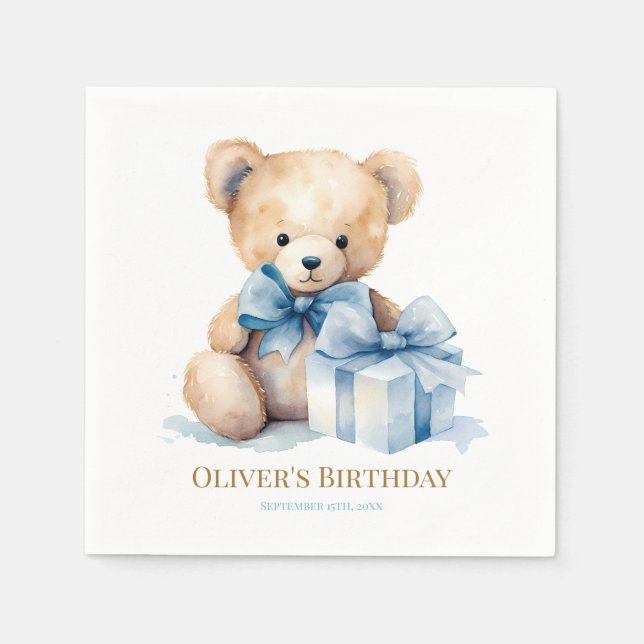 Watercolor Teddy Bear and Gift First Birthday Serviette (Vorderseite)