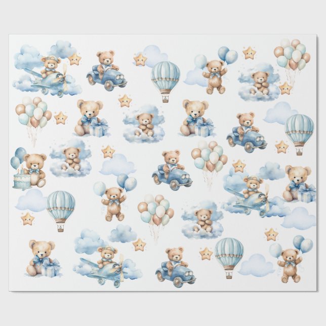Watercolor Teddy Bear Aviator Pattern Gift Geschenkpapier (Flach)