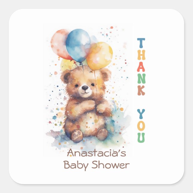 Watercolor Teddy Bear Baby Dusche Vielen Dank Quadratischer Aufkleber (Vorderseite)