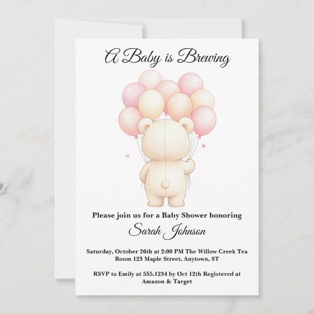 Watercolor Teddy Bear Balloons Baby Shower Invitat Einladung (Vorderseite)