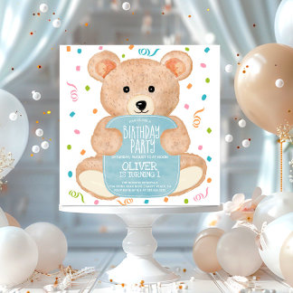 Watercolor Teddy Bear Confetti Boy Birthday Einladung