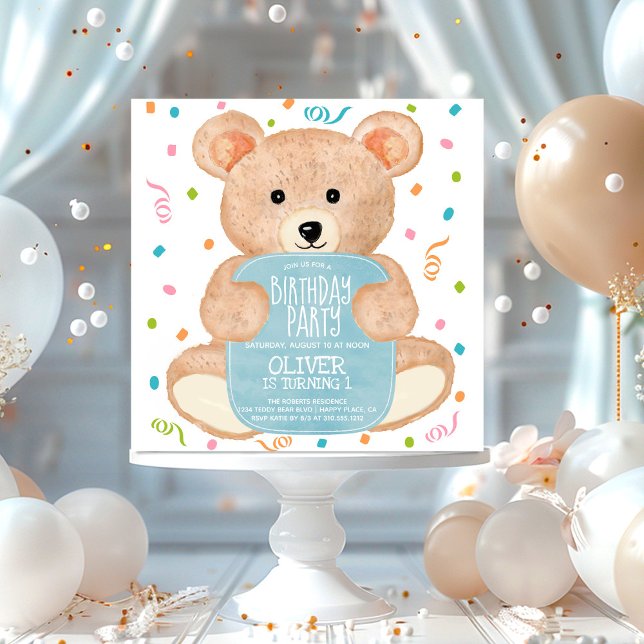Watercolor Teddy Bear Confetti Boy Birthday Einladung (Von Creator hochgeladen)