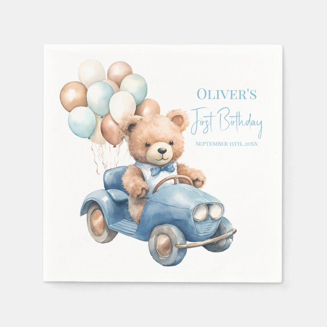 Watercolor Teddy Bear Driving Car First Birthday Serviette (Vorderseite)