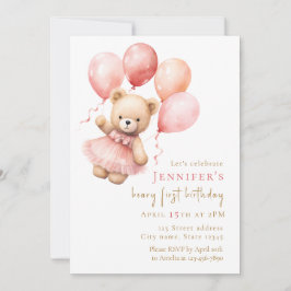 Watercolor Teddy Bear Girl 1st Birthday Einladung