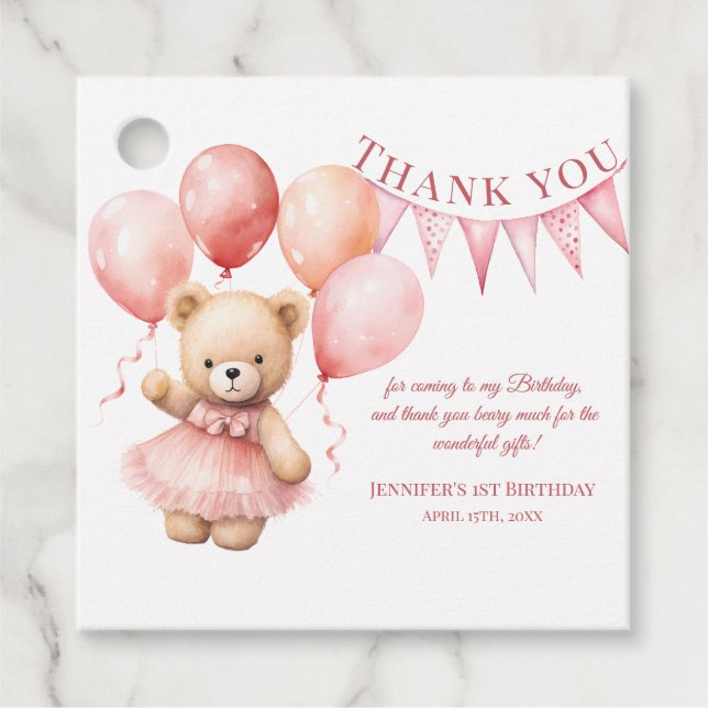 Watercolor Teddy Bear Girl 1st Birthday Geschenkanhänger (Vorderseite)