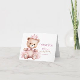 Watercolor Teddy Bear Girl 1st Birthday Invitation Dankeskarte