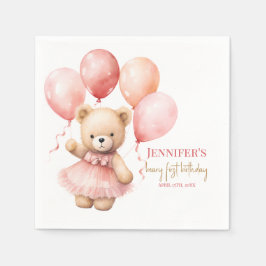 Watercolor Teddy Bear Girl 1st Birthday Napkins Serviette