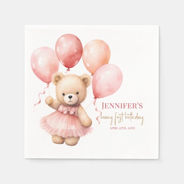 Watercolor Teddy Bear Girl 1st Birthday Napkins Serviette (Vorderseite)