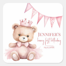 Watercolor Teddy Bear Girl 1st Birthday Stickers