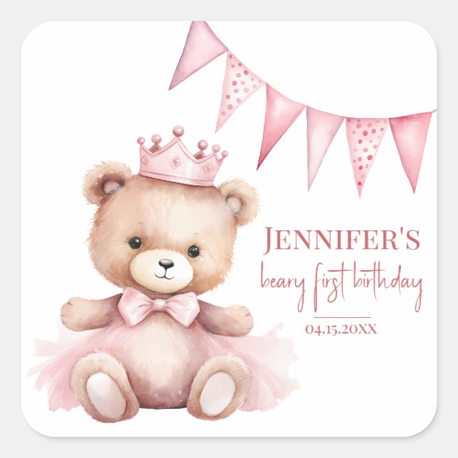 Watercolor Teddy Bear Girl 1st Birthday Stickers (Vorderseite)