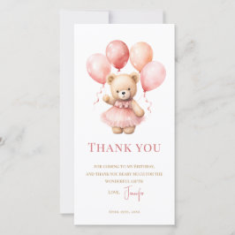 Watercolor Teddy Bear Girl 1st Birthday Thank You  Dankeskarte