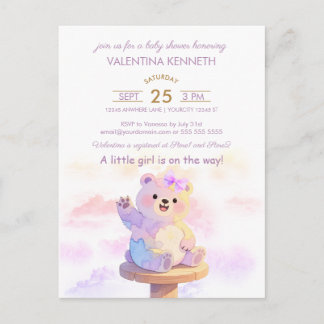 Watercolor Teddy Bear Girl Baby Shower Invitation Postkarte