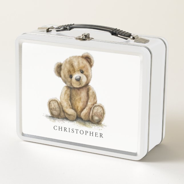 Watercolor Teddy Bear Neutral Kid's Name Metall Brotdose (Vorderseite)