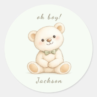 Watercolor Teddy Bear Oh Boy Baby Shower  Runder Aufkleber
