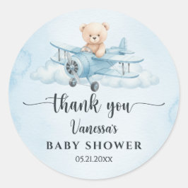 Watercolor Teddy Bear Pilot Baby Shower Thank You Runder Aufkleber