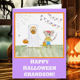 Watercolor Teddy Bears Happy Halloween Grandson Karte