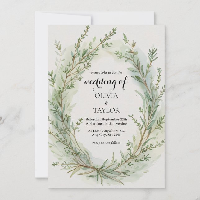 Watercolor Thyme Rosemary Sprig Wreath Wedding Einladung (Vorderseite)