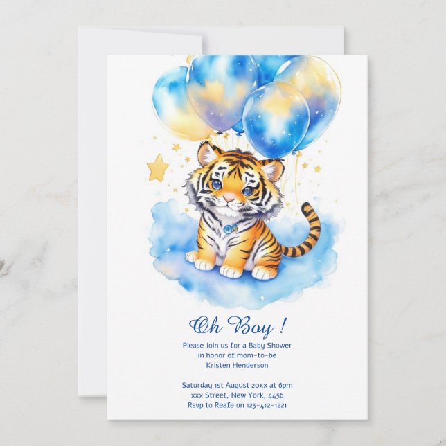 Watercolor Tiger Boy Baby Dusche Einladung (Vorderseite)