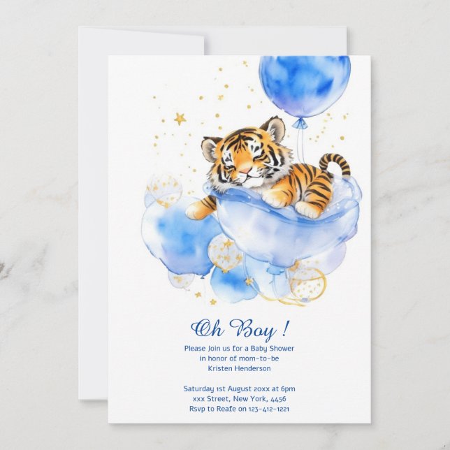 Watercolor Tiger Boy Baby Dusche Einladung (Vorderseite)
