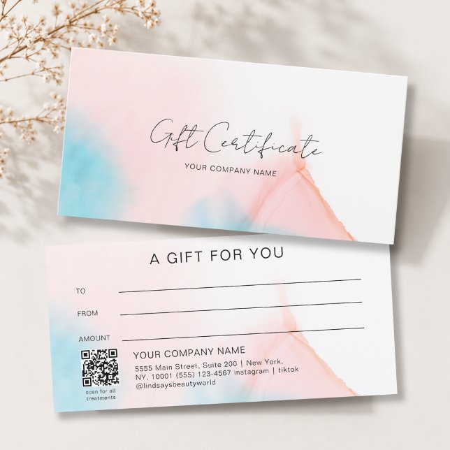 Watercolor-Tinte QR-Code-Geschenkgutschein (Watercolor Ink QR Code Gift Certficate Blue Pink Beige White)