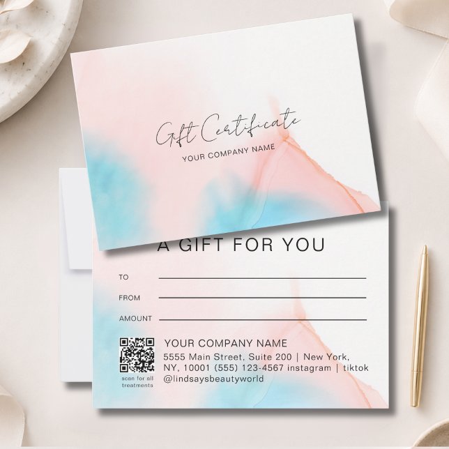 Watercolor-Tinte QR-Code-Geschenkgutschein (Watercolor Ink QR Code Gift Certficate Blue Pink Beige)