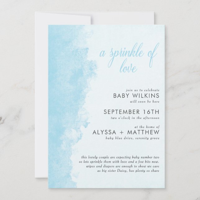 Watercolor Tinte Wash Texture Boy Baby Sprinkle Einladung (Vorderseite)