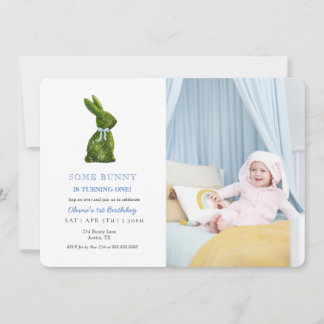 Watercolor Topiary Rabbit Baby boy Photo birthday Einladung