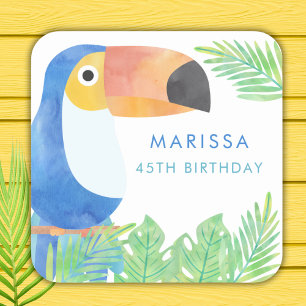 WATERCOLOR TOUCAN GEBURTSTAG QUADRATISCHER AUFKLEBER