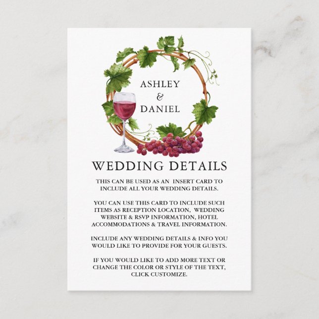 Watercolor Trauben Reben Holzkranz Angaben Hochzei Begleitkarte (Vorderseite)