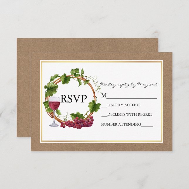 Watercolor Trauben Reben Holzkruste Hochzeit RSVP Karte (Vorne/Hinten)