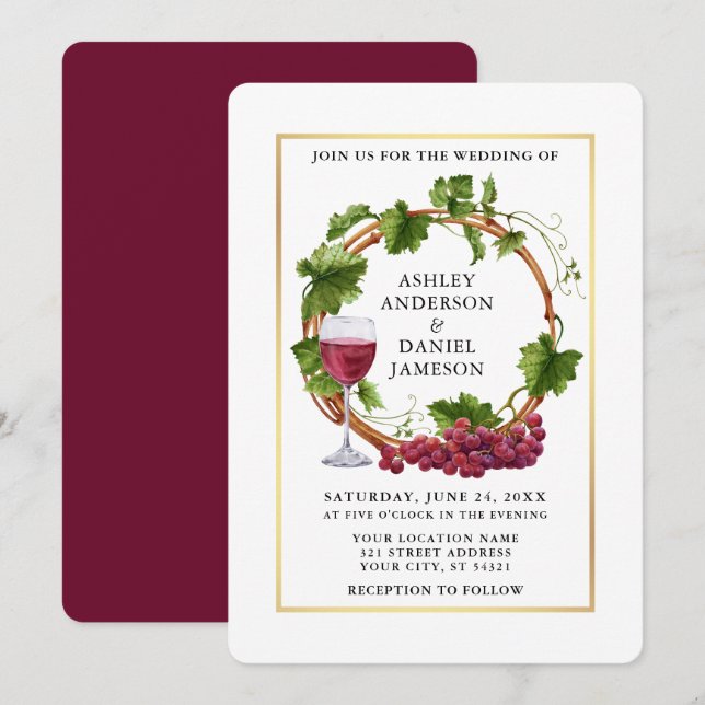 Watercolor Trauben Wreath Goldrahmen Hochzeit Einladung (Vorne/Hinten)