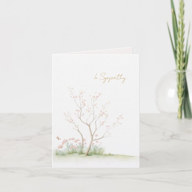 Watercolor Tree with pink flowers Sympathy card Dankeskarte (Vorderseite)