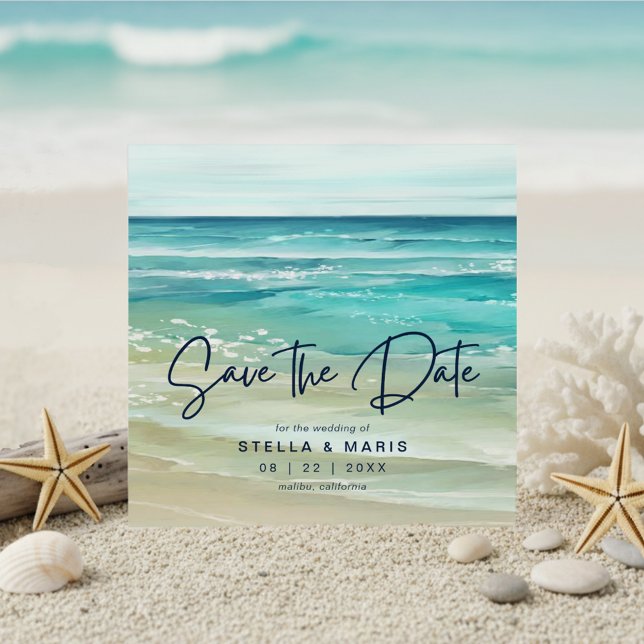 Watercolor Tropical Beach Waves Save The Date (Von Creator hochgeladen)
