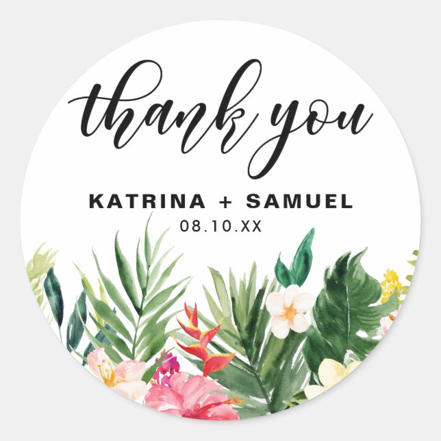 Watercolor Tropical Blume Hochzeit Vielen Dank Runder Aufkleber (Vorderseite)