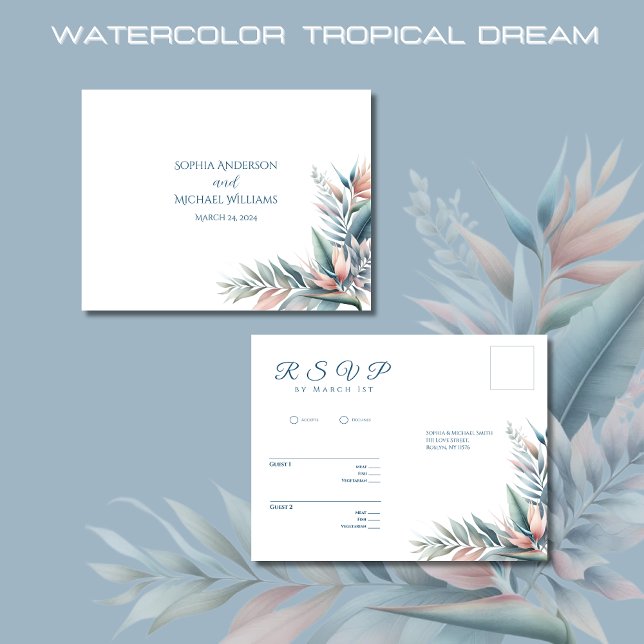 Watercolor Tropical Dream Wedding RSVP- Postkarte (Watercolor Tropical Dream Wedding RSVP Postcard-Coastal-Pastel Colors)
